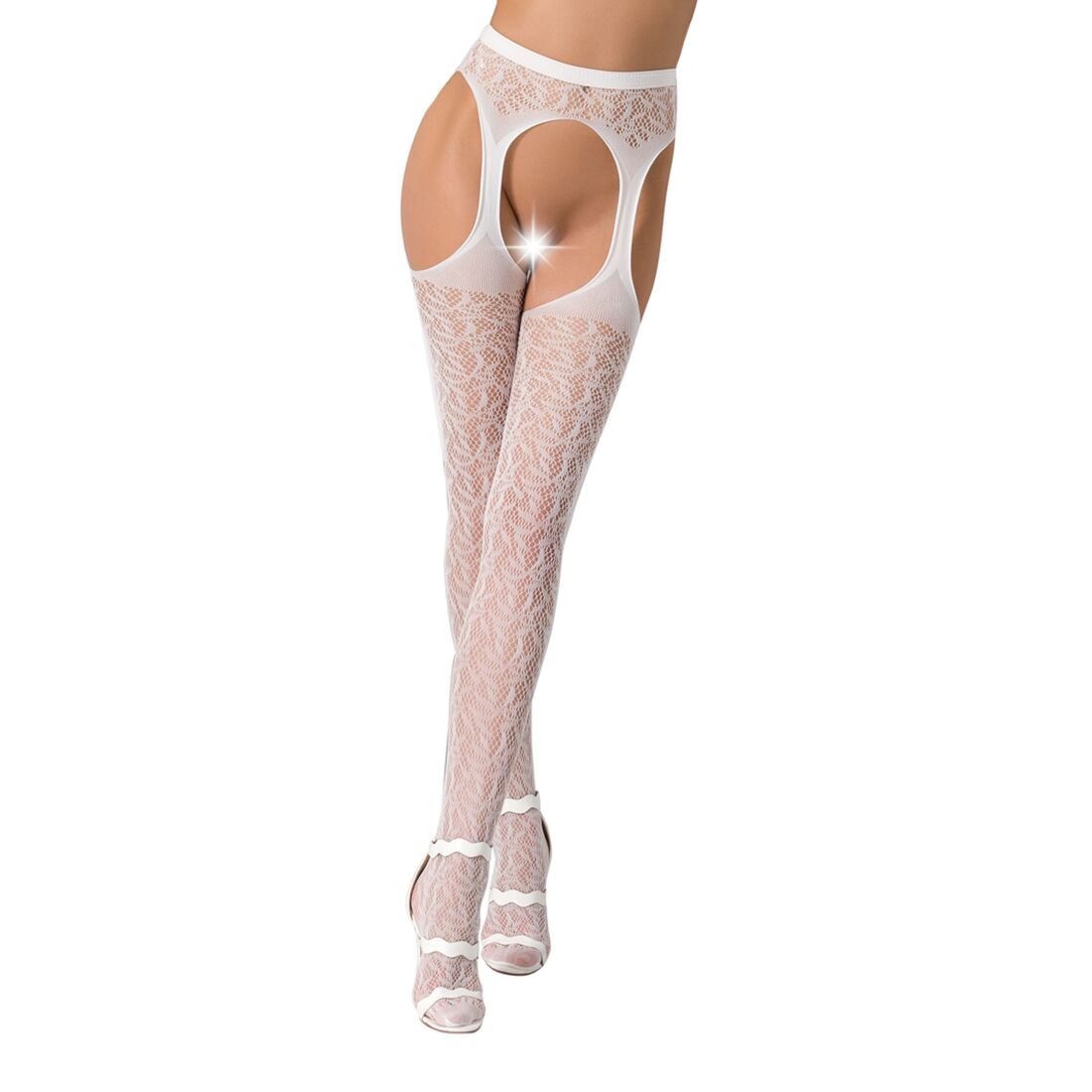 Мереживні колготки бодістокінги passion s014 one size, white, імітація панчіх та пояса з гартерами